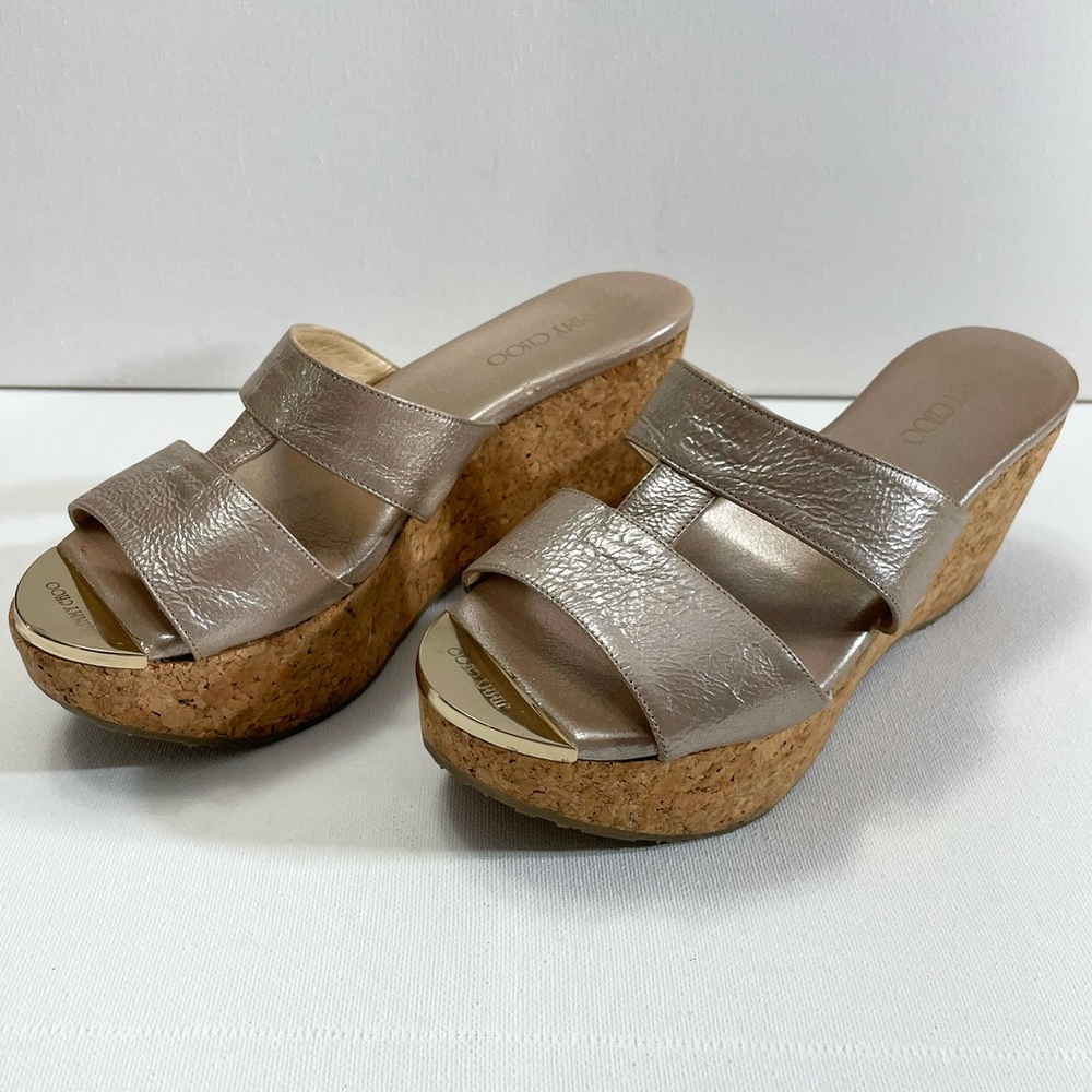 Jimmy Choo Blush Patina Leather Women’s Cork Wedge Slides with Box